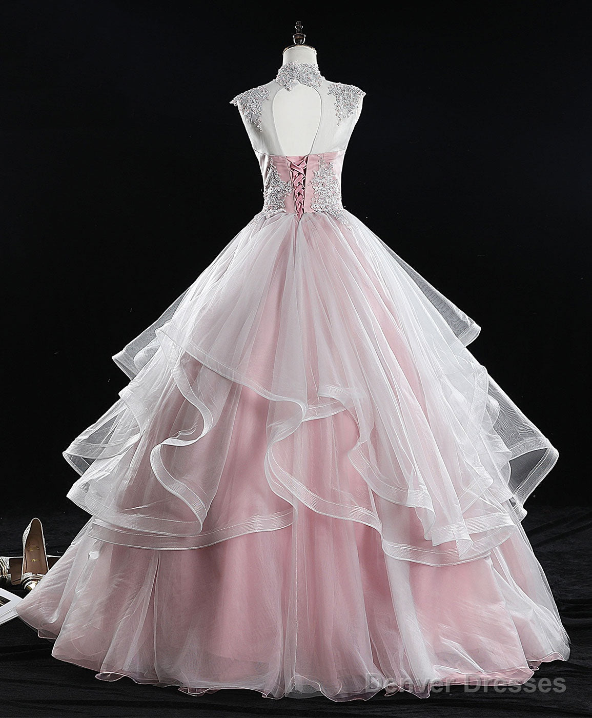 Pink High Neck Tulle Lace Long Sweet 16 Dress Tulle Lace Pink Prom Dress