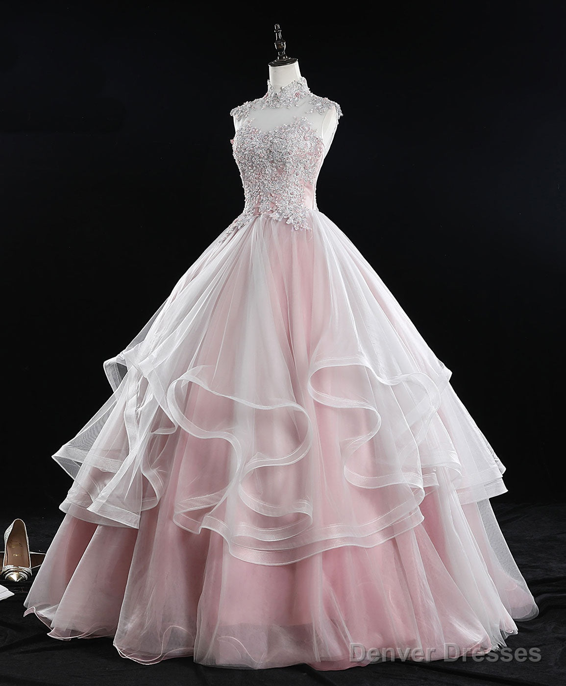 Pink High Neck Tulle Lace Long Sweet 16 Dress Tulle Lace Pink Prom Dress Main image