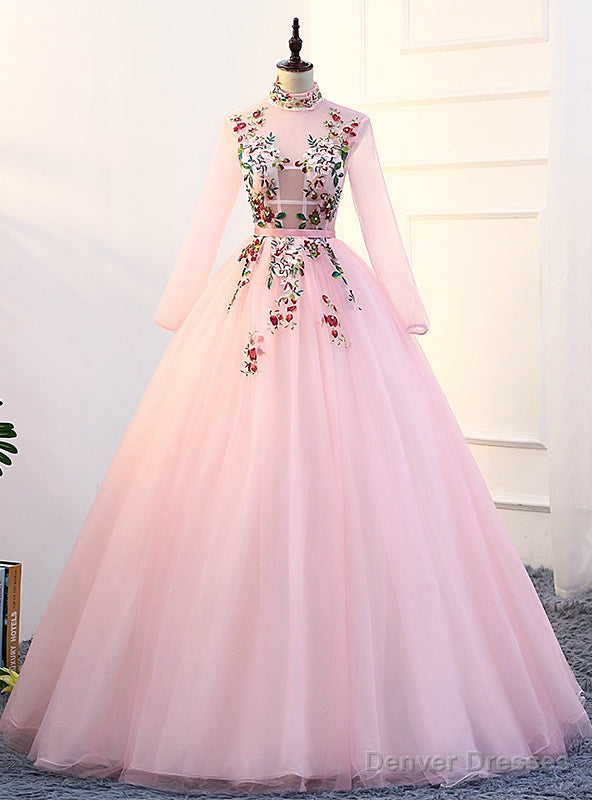 Pink High Neck Tulle Long Sleeve Backless Quinceanera Dresses Main image