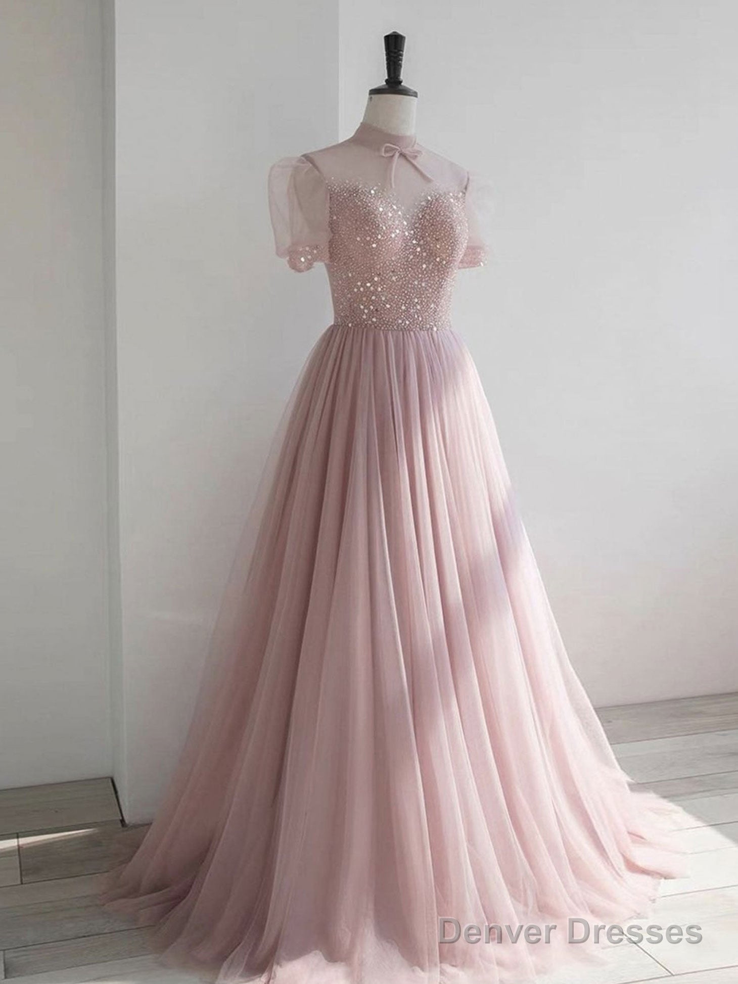 Pink High Neck Tulle Sequin Long Prom Dress, Pink A Line Evening Dress