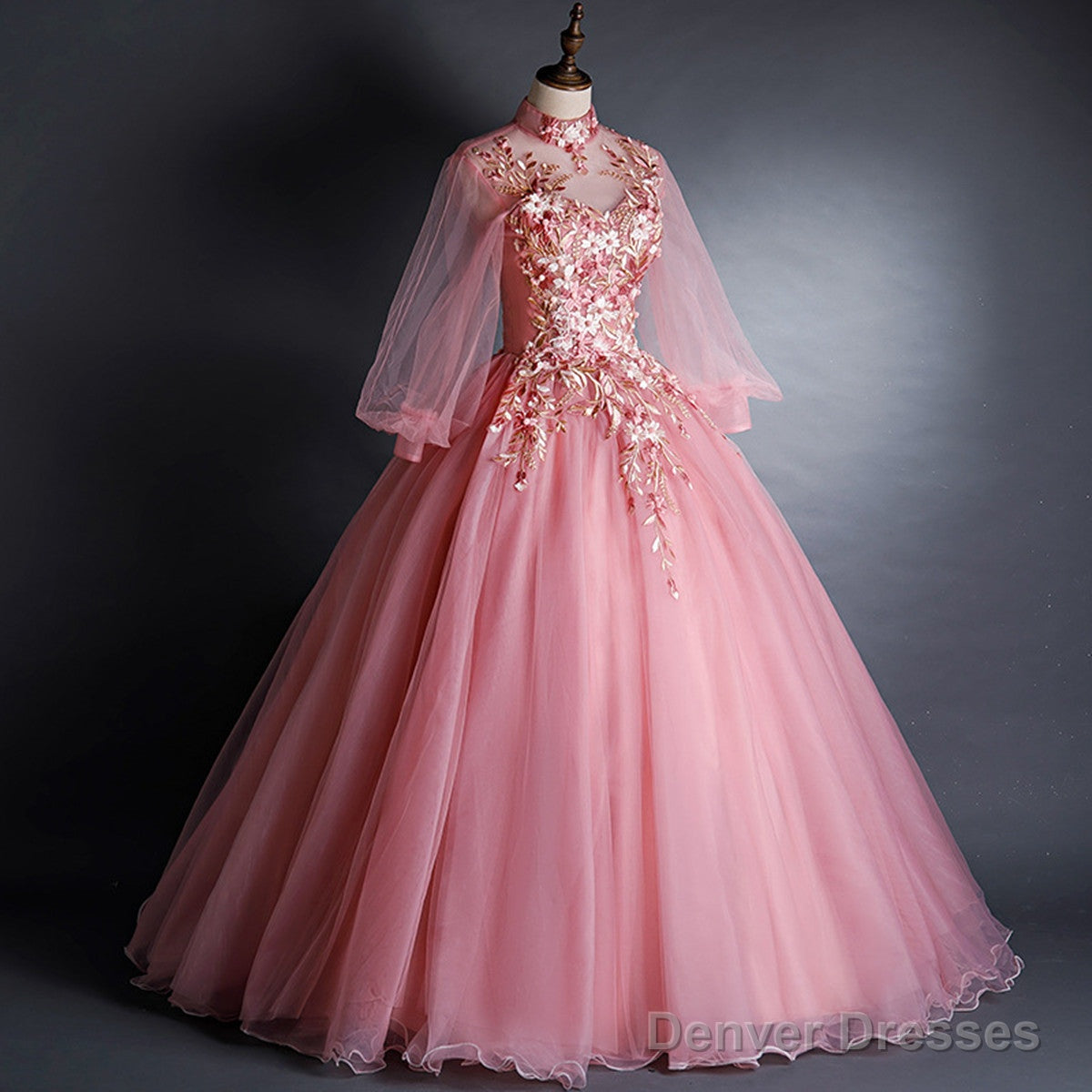 Pink High Neckline Floral Lace Puffy Sleeves Sweet 16 Dress, Pink Tulle Formal Dress Secondary image