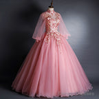 Pink High Neckline Floral Lace Puffy Sleeves Sweet 16 Dress, Pink Tulle Formal Dress