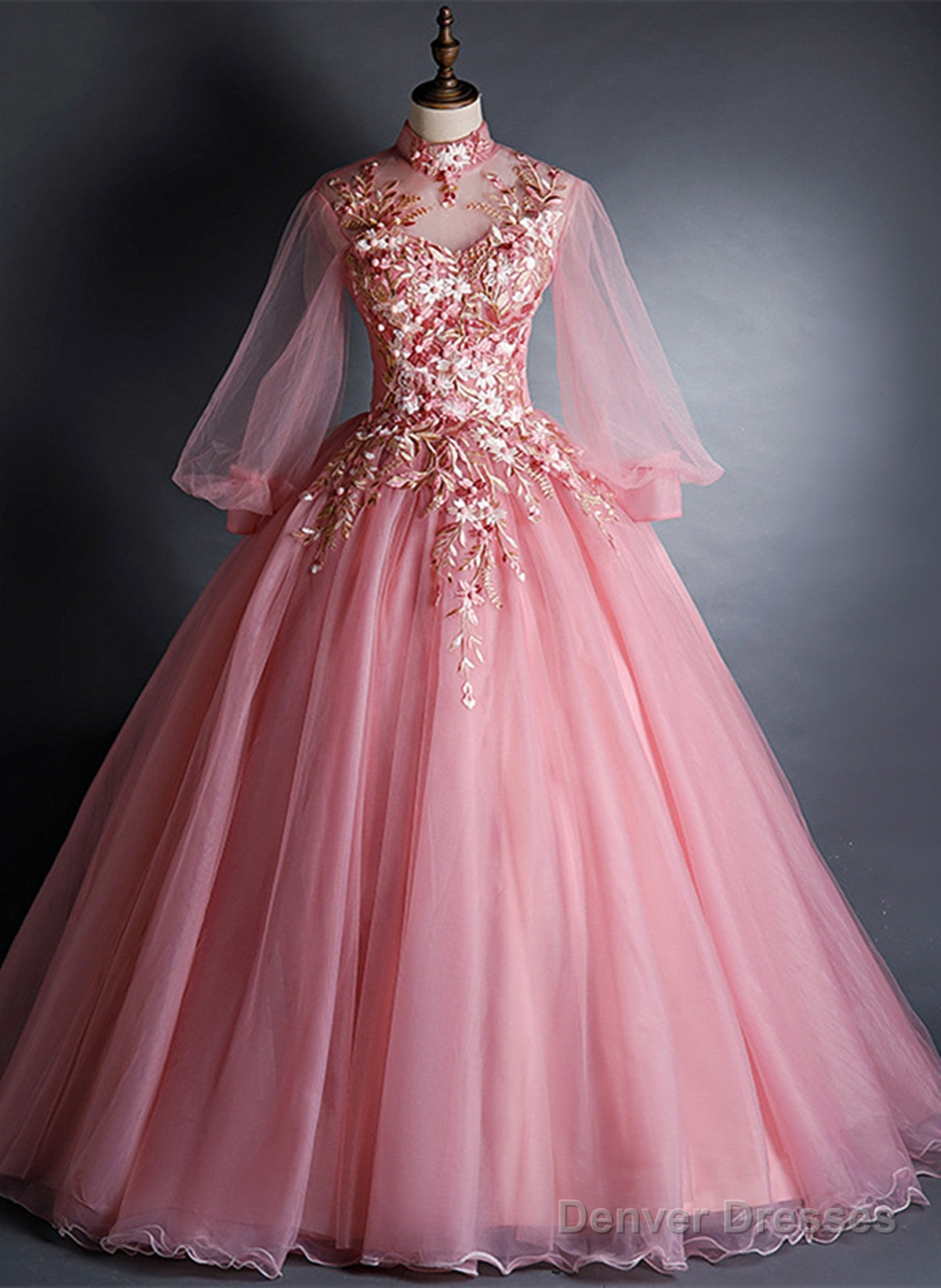 Pink High Neckline Floral Lace Puffy Sleeves Sweet 16 Dress, Pink Tulle Formal Dress Main image