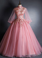Pink High Neckline Floral Lace Puffy Sleeves Sweet 16 Dress, Pink Tulle Formal Dress
