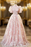 Pink High Neckline Short Sleeves Lace Floral Long Party Dress, Pink Sweet 16 Dress