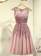 Pink Knee Length Prom Dress, Cute Homecoming Dresses , Tulle Party Dresses