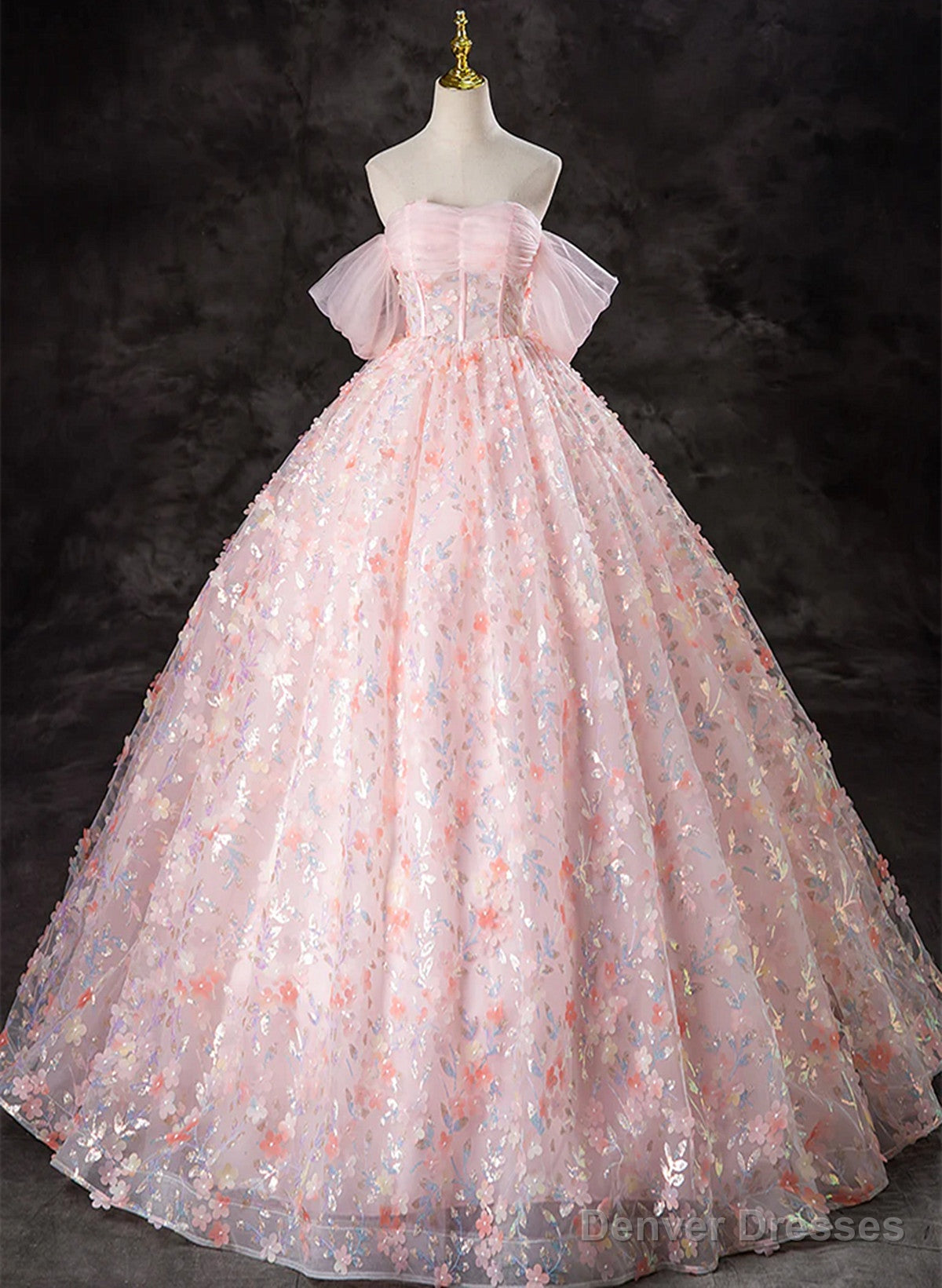 Pink Lace A-line Off Shoulder Long Party Dress, Pink Lace Prom Dress Main image