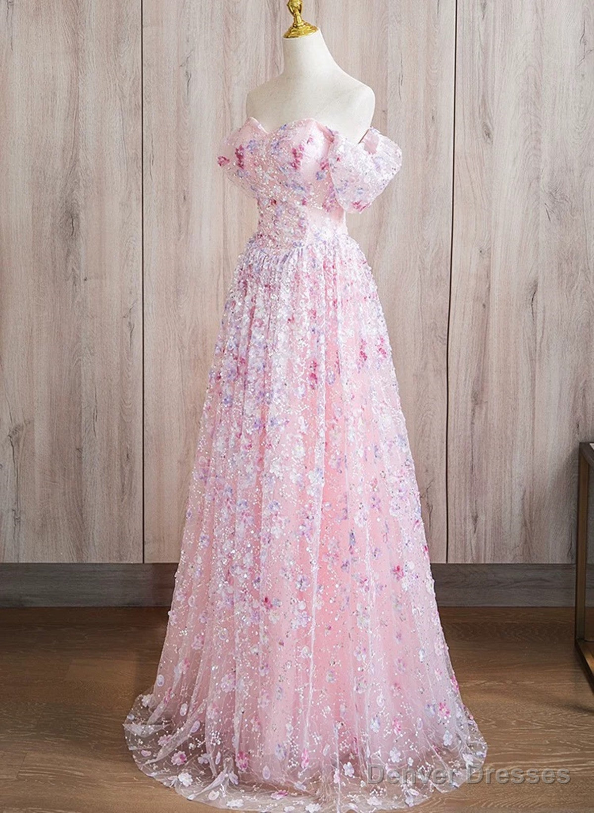 Pink Lace A-line Sweetheart Off Shoulder Simple Prom Dress, Pink Lace Formal Dress