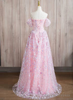 Pink Lace A-line Sweetheart Off Shoulder Simple Prom Dress, Pink Lace Formal Dress