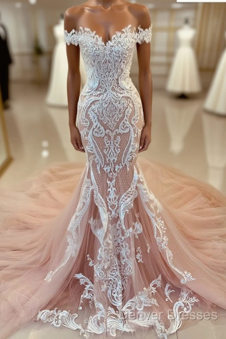 Pink Lace Applique Cap Or Long Sleeves Fishtail/Mermaid Wedding Dress With Train, Prom Gown Main image