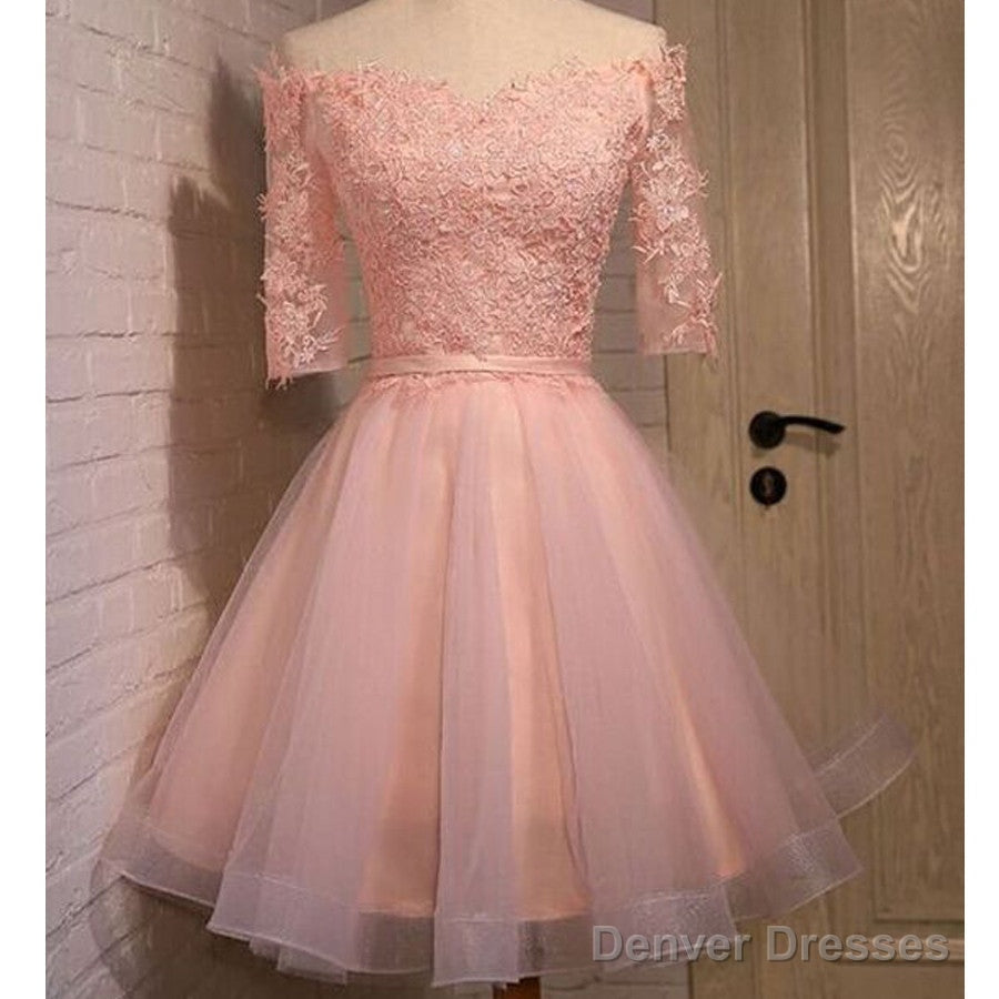 Pink Lace Appliques Organza Lace Up Back Off Shoulder Half Sleeve Homecoming Dress Main image