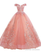 Pink Lace Flower Off Shoulder Sweet 16 Dress, Pink Long Prom Dresses Quinceaner Dress