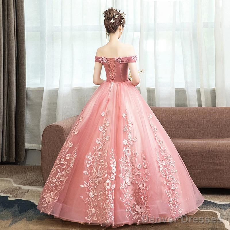 Pink Lace Flower Off Shoulder Sweet 16 Dress, Pink Long Prom Dresses Quinceaner Dress
