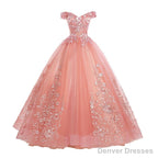 Pink Lace Flower Off Shoulder Sweet 16 Dress, Pink Long Prom Dresses Quinceaner Dress