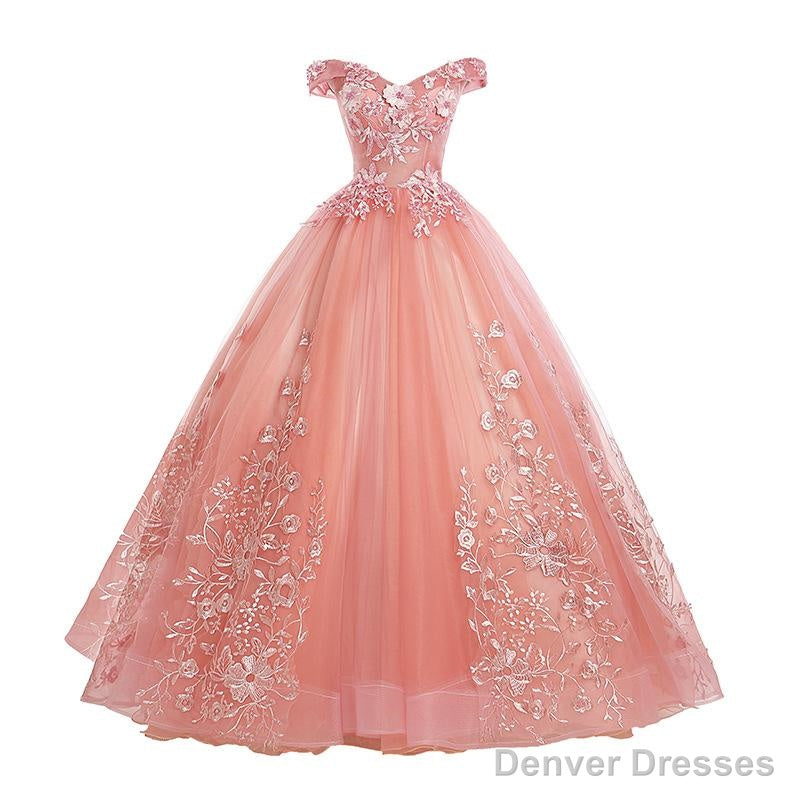 Pink Lace Flower Off Shoulder Sweet 16 Dress, Pink Long Prom Dresses Quinceaner Dress