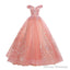 Pink Lace Flower Off Shoulder Sweet 16 Dress, Pink Long Prom Dresses Quinceaner Dress