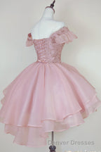 Pink Lace Homecoming Gown with Beading,Princess Off the Shoulder Hoco Dress