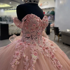 Pink Lace Long Prom Dress, Ball Gown Sweet 16 Dress