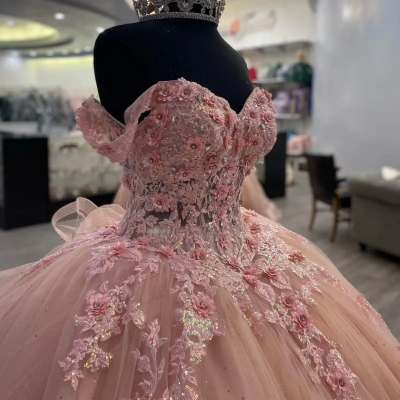 Pink Lace Long Prom Dress, Ball Gown Sweet 16 Dress