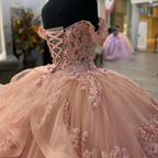 Pink Lace Long Prom Dress, Ball Gown Sweet 16 Dress