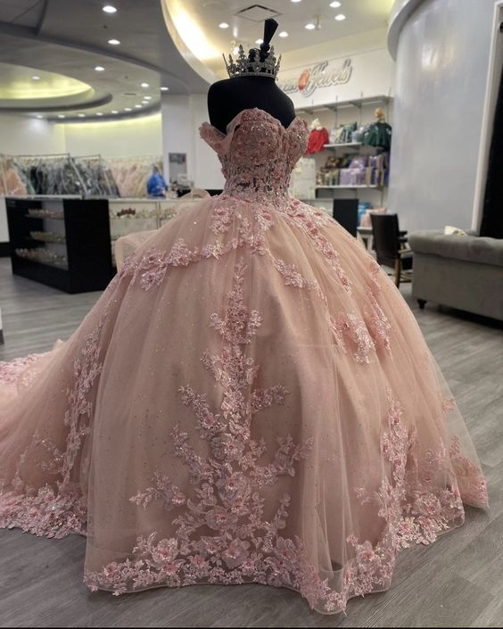 Pink Lace Long Prom Dress, Ball Gown Sweet 16 Dress