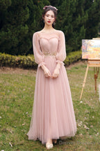 Pink Lace Long Prom Dresses, Lovely A-Line Evening Dresses