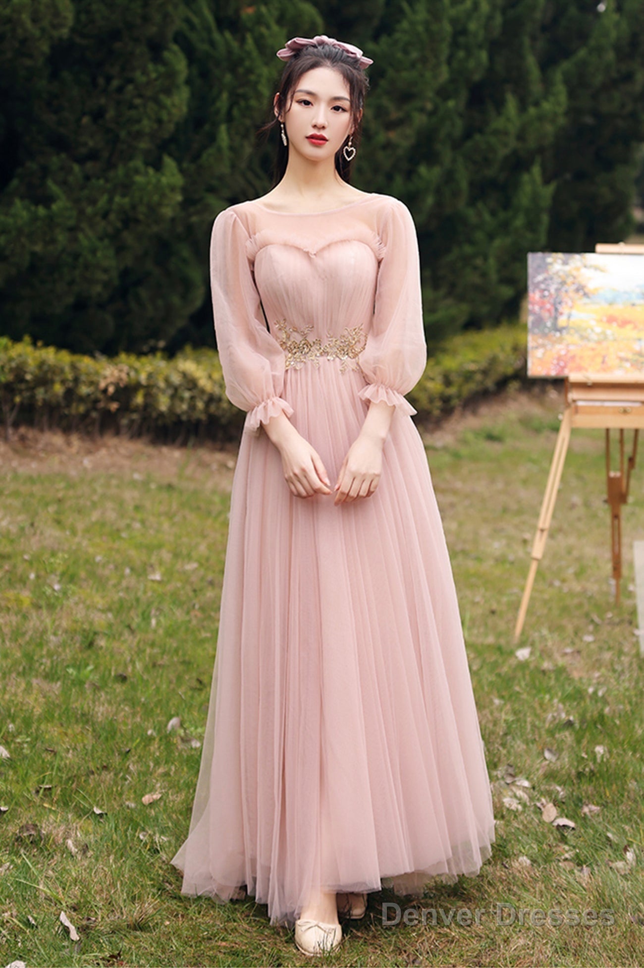 Pink Lace Long Prom Dresses, Lovely A-Line Evening Dresses