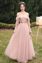 Pink Lace Long Prom Dresses, Lovely A-Line Evening Dresses