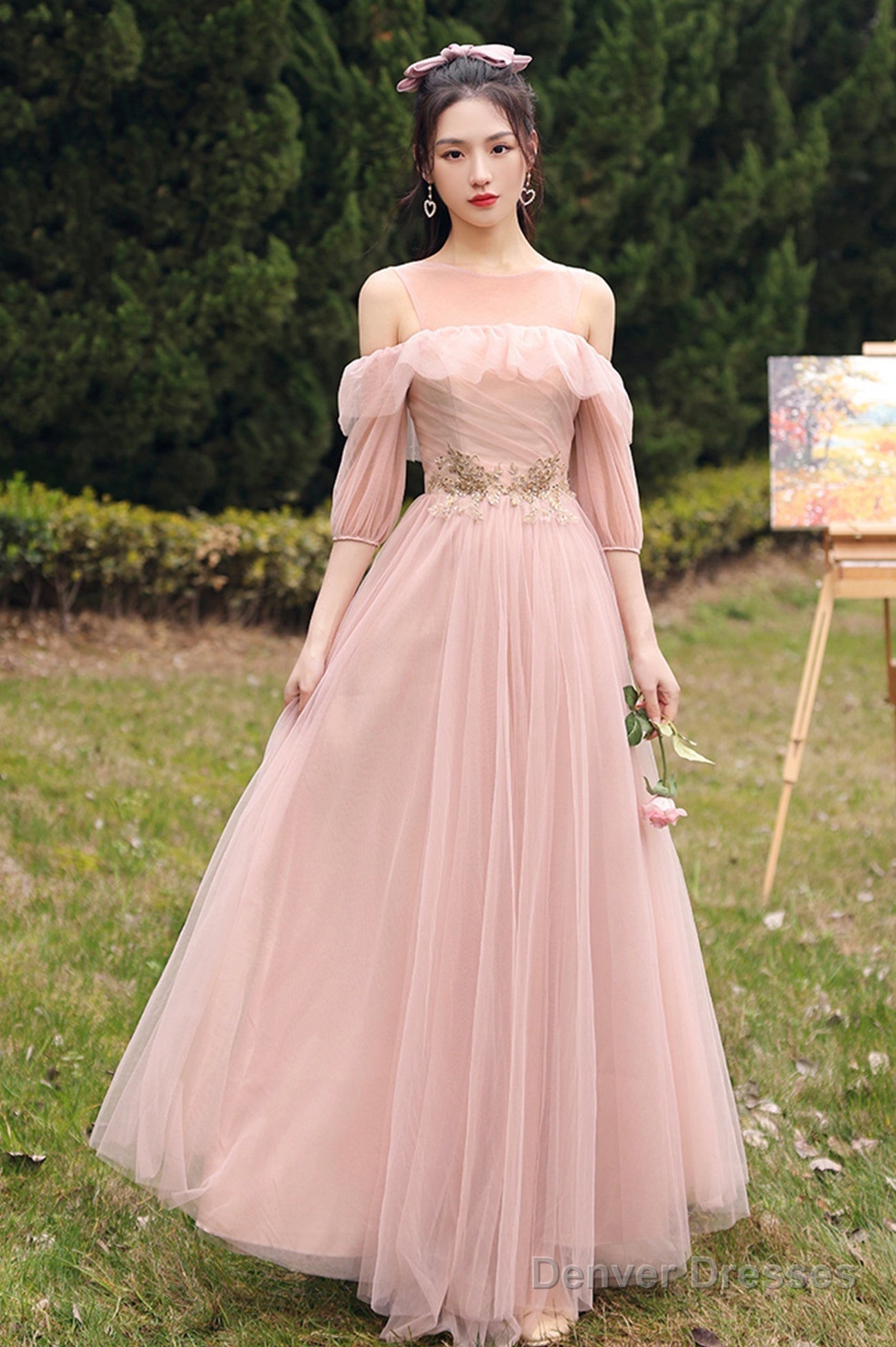 Pink Lace Long Prom Dresses, Lovely A-Line Evening Dresses