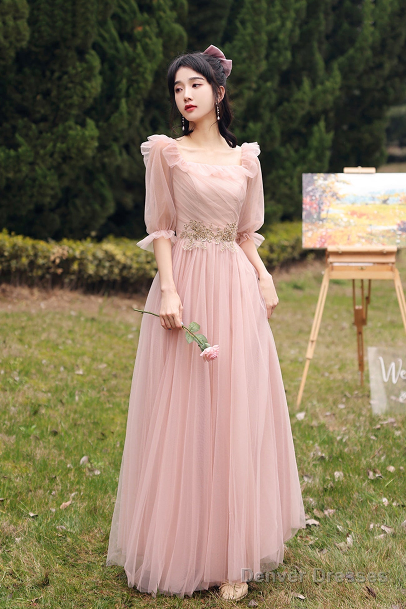 Pink Lace Long Prom Dresses, Lovely A-Line Evening Dresses