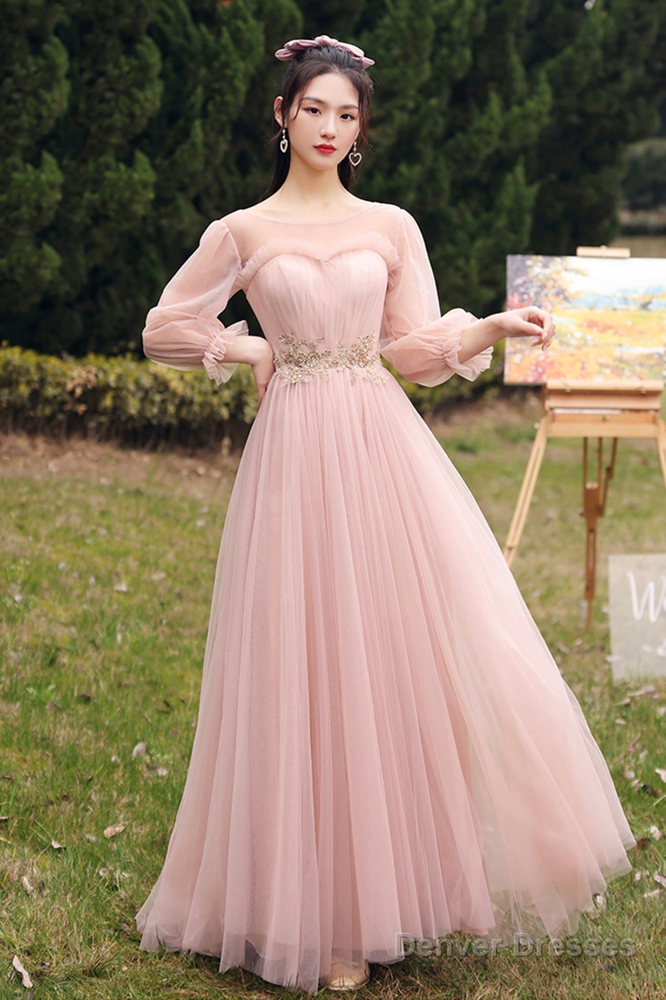 Pink Lace Long Prom Dresses, Lovely A-Line Evening Dresses Main image