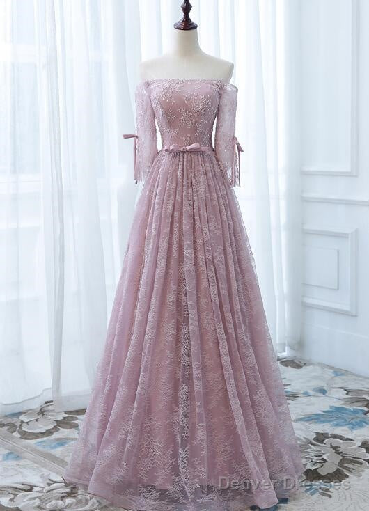 Pink Lace Off Shoulder Sleeves Long Party Dress, Lace Wedding Party Dress Main image