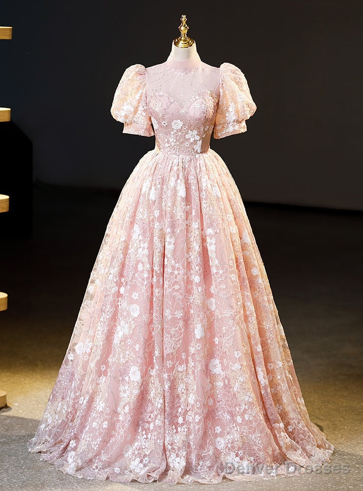 Pink Lace Puff Sleeve Beading Quinceanera Dress Main image