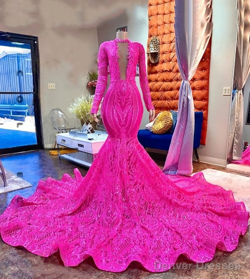 Pink Lace Sexy Fitted Mermaid Style Long Sleeve High Neck African Black Girls Long Prom Dresses Main image