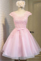 Pink Lace Short Tulle Homecoming Dresses Party Dresses With Cap Sleeves