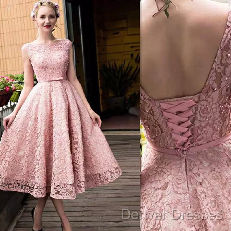 Pink Lace Tea Length Formal Dress, Beautiful Pink Prom Dress, Lovely Party Dress Secondary image