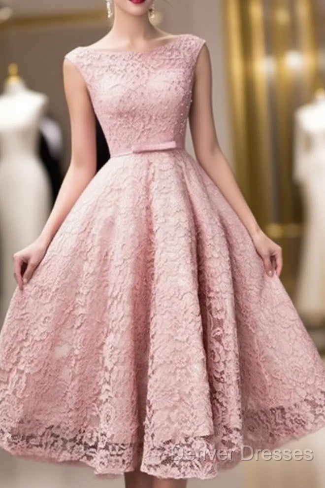 Pink Lace Tea Length Formal Dress, Beautiful Pink Prom Dress, Lovely Party Dress