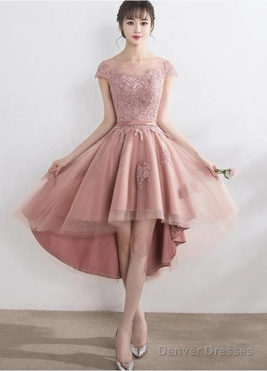 Pink Lace Tulle Cap Sleeves Bridesmaid Dress, Lovely Dark Pink Party Dress