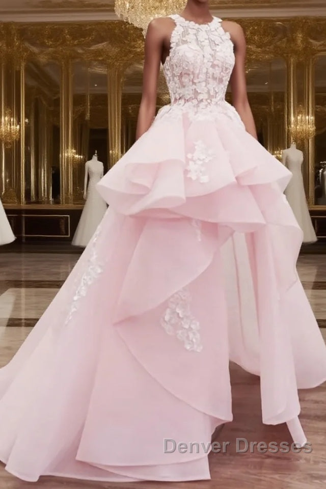 PinK lace tulle long prom Dress, pink tulle evening Dress Main image