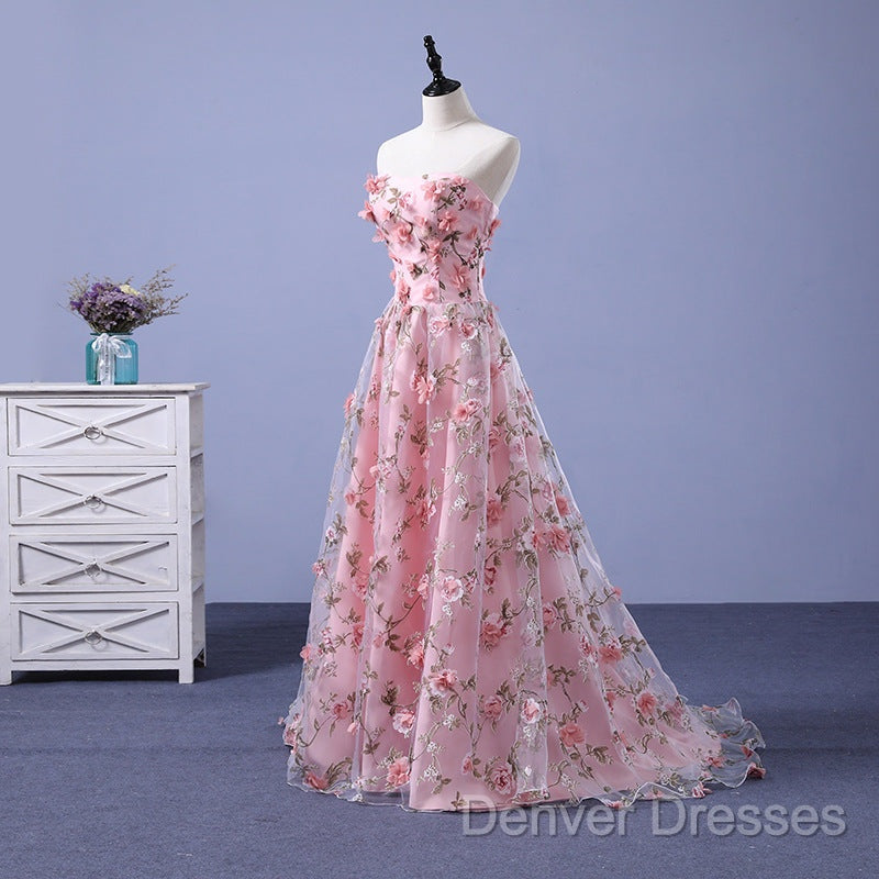 Pink Long A-Line Flowers Evening Dress, Pink Party Dress Prom Dress Secondary image
