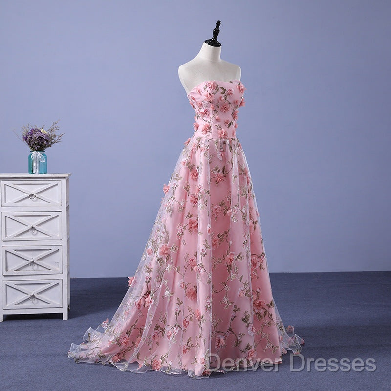 Pink Long A-Line Flowers Evening Dress, Pink Party Dress Prom Dress