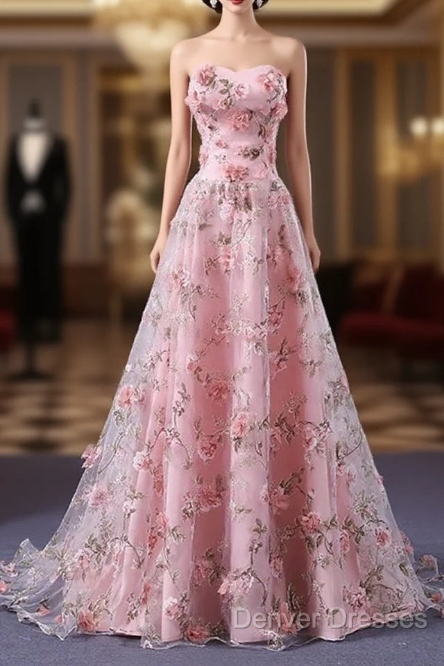 Pink Long A-Line Flowers Evening Dress, Pink Party Dress Prom Dress Main image