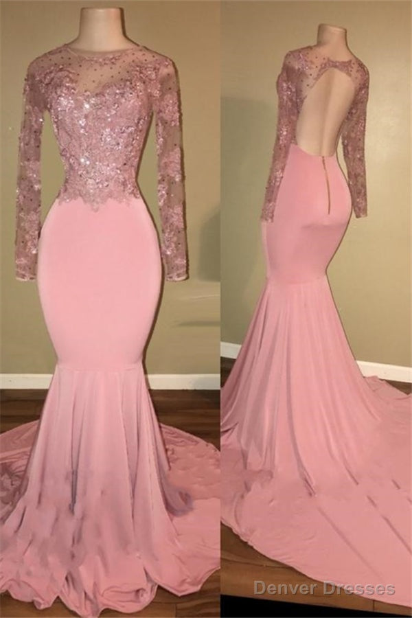 Pink Long-Sleeves Backless Beaded Mermaid Charming Prom Dresses Main image