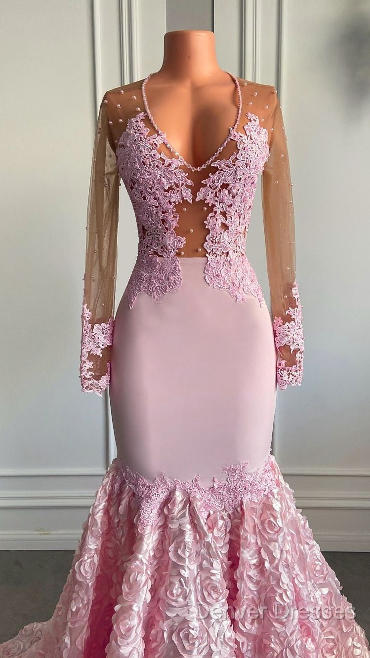 Pink Long Sleeves Lace Prom Dress Mermaid Tulle Evening Formal Gown Secondary image