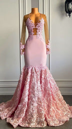 Pink Long Sleeves Lace Prom Dress Mermaid Tulle Evening Formal Gown