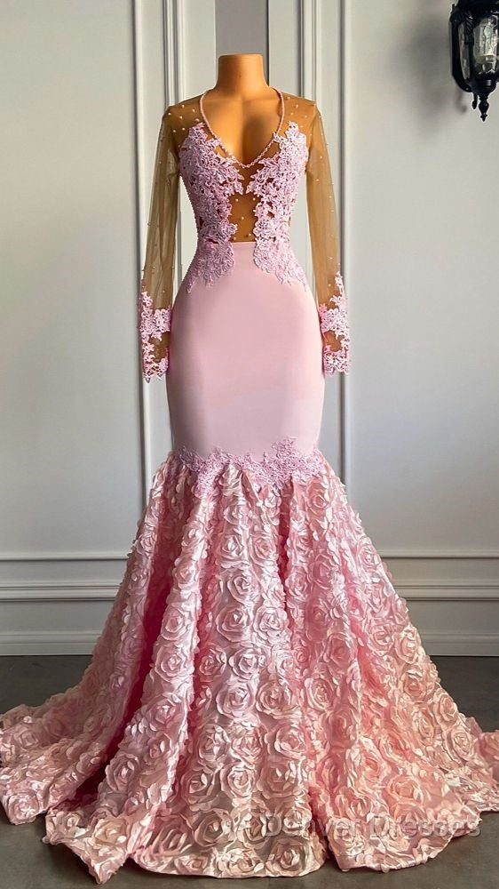 Pink Long Sleeves Lace Prom Dress Mermaid Tulle Evening Formal Gown