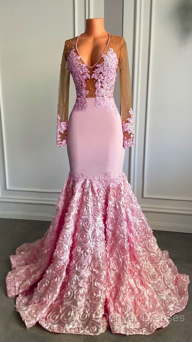 Pink Long Sleeves Lace Prom Dress Mermaid Tulle Evening Formal Gown