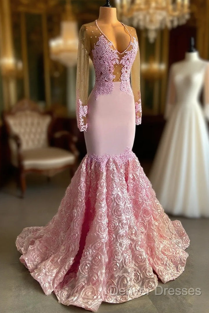 Pink Long Sleeves Lace Prom Dress Mermaid Tulle Evening Formal Gown Main image