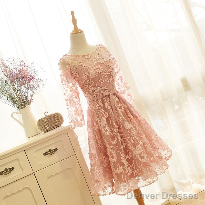 Pink Long Sleeves Lace Wedding Party Dress, Charming Party Dress