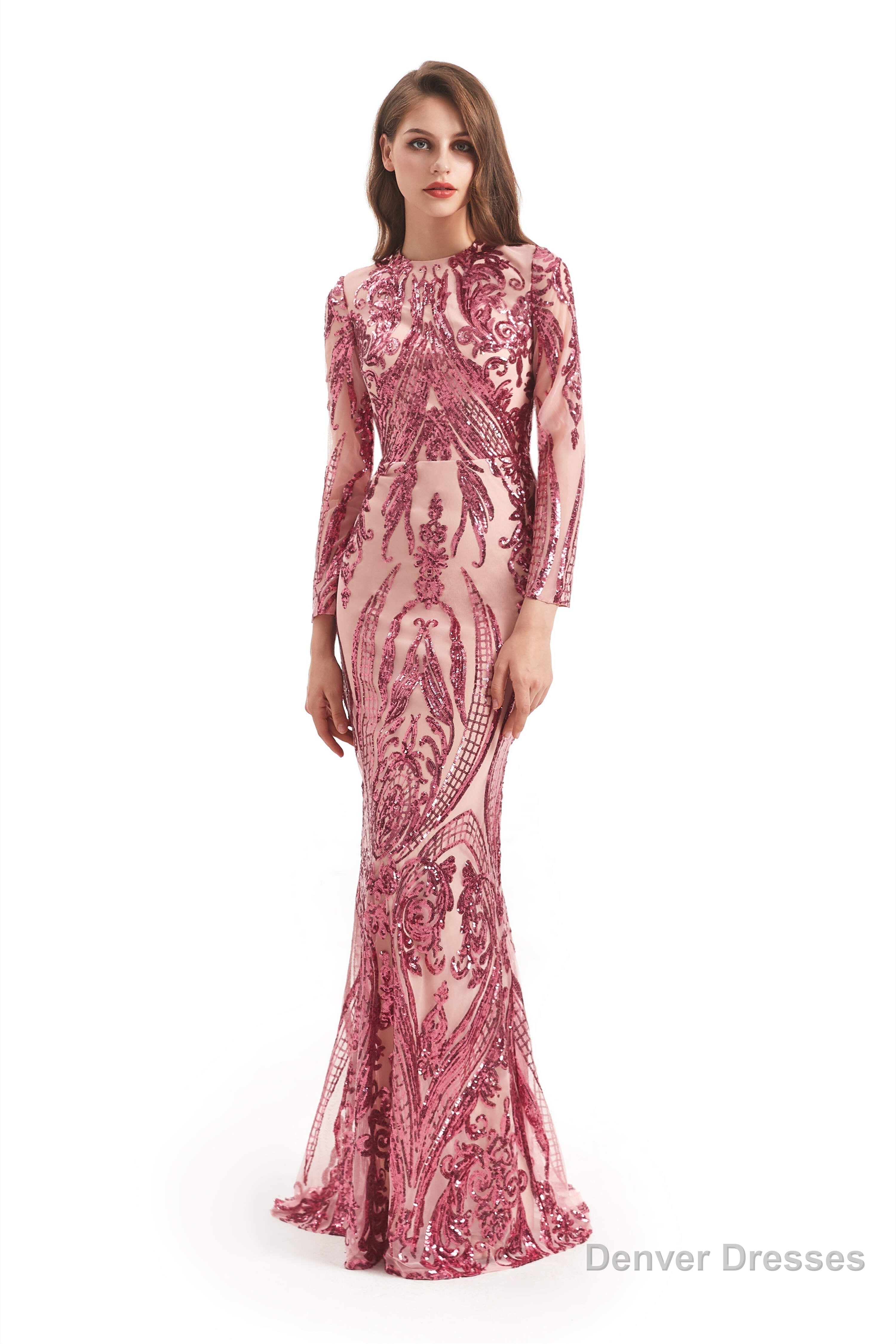 Long Sleeves Mermaid Detachable Train Prom Dresses with Train Sequined